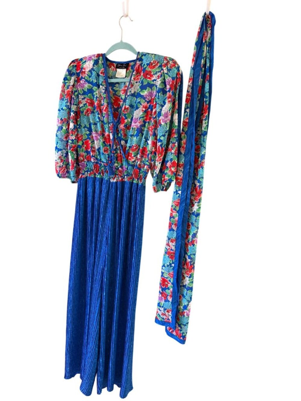 Diane Freis Womens Pleated Matching Sash/Scarf Blue Floral Jumpsuit One Size